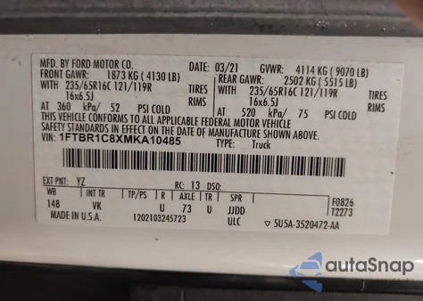 2021 Ford Transit-250 z USA, uszkodzony, nr VIN 1FTBR1C8XMKA10485